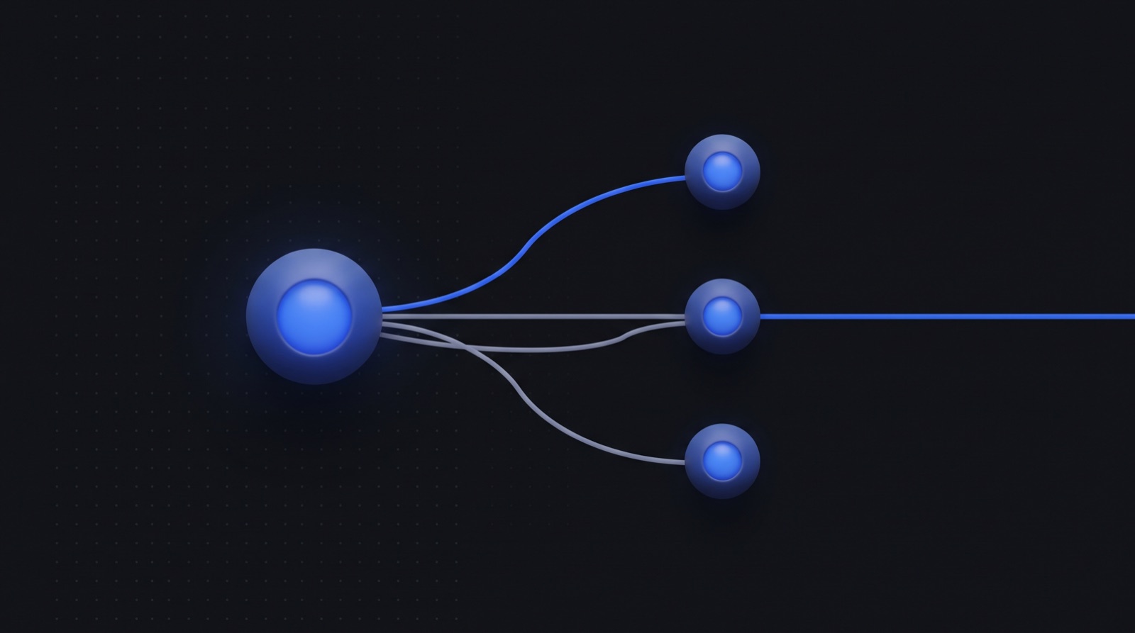 One large coordinator node linked to three smaller specialist nodes. Two links return to the coordinator, one continues straight on to the right.